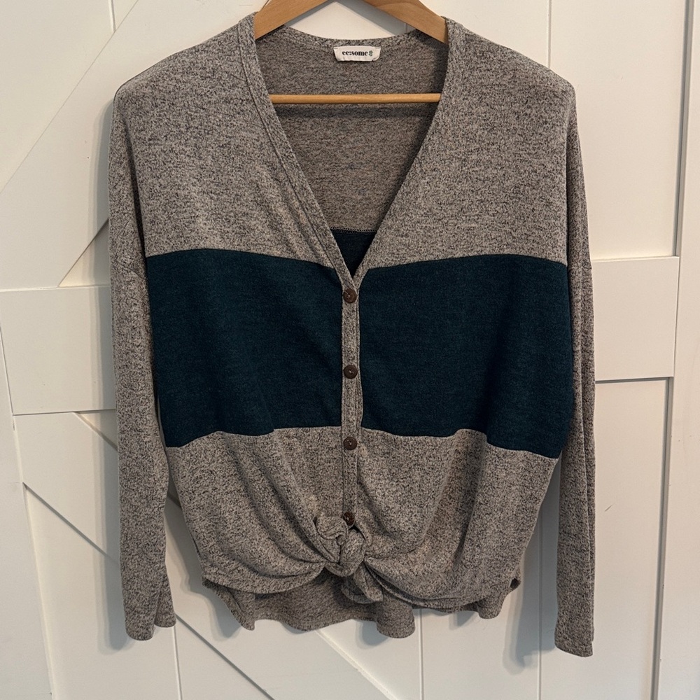 Ee:some Women's Blouse Medium Color Block Tie Front Workwear